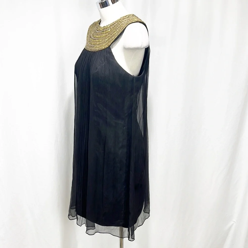 Jovani Gold Beaded Yolk Neckline and Black Silk Flowy Dress size 12